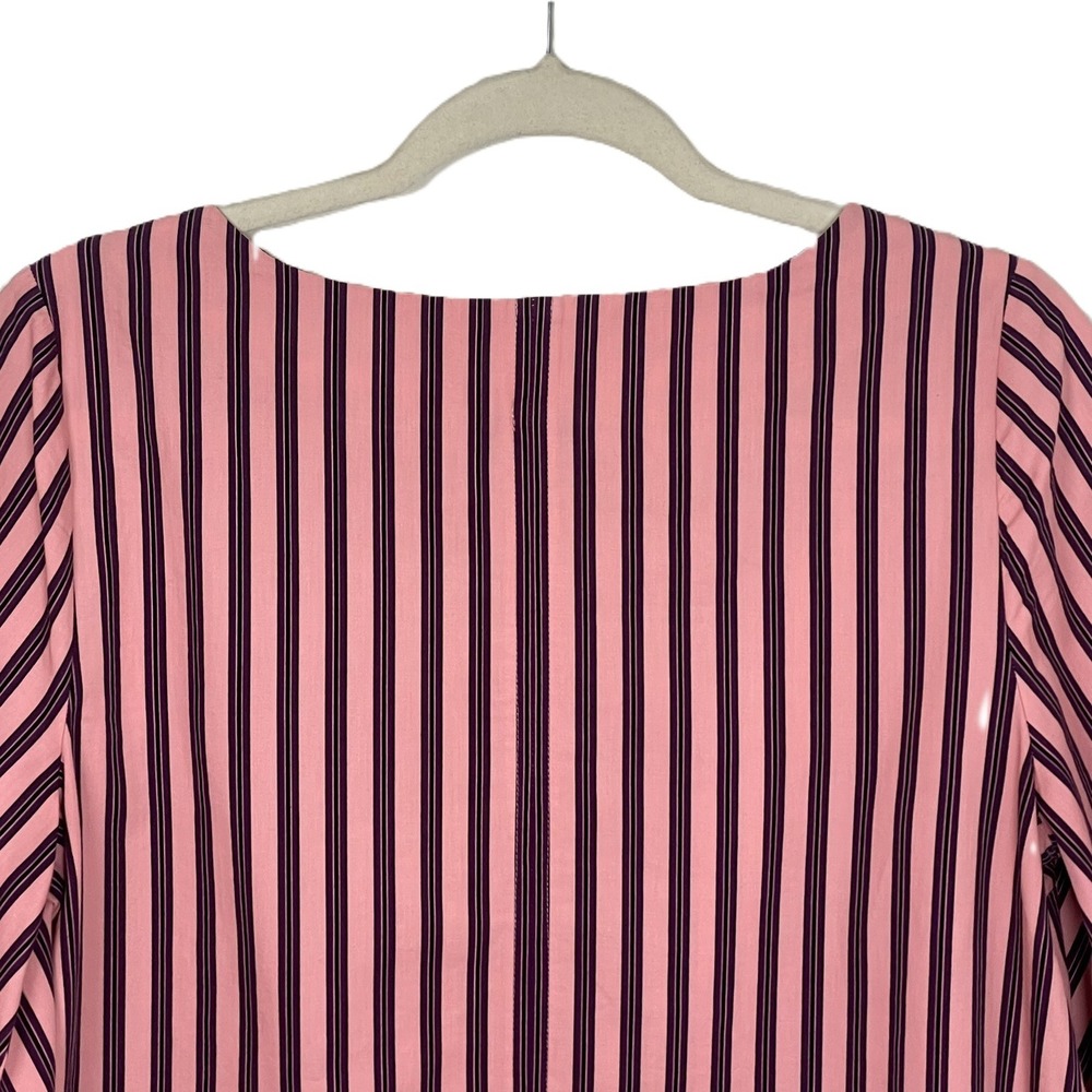 Topshop US 6 Pink Purple Black Stripe Cropped Puff Sleeve Cotton‎ Blouse - Picture 7 of 13